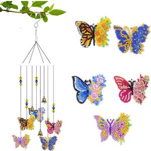 Boqin Diamond Painting Wind Chimes - Diamond Arts and Crafts Gifts, Art Wind Chime Kit Double Sided 5D Butterfly and Hummingbird Hanging Ornament, DIY Crystal Wind Chimes (Butterfly)