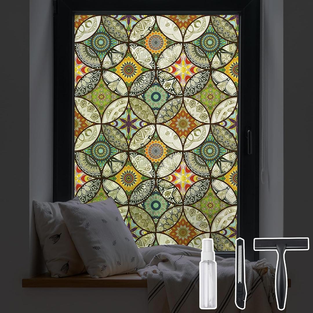DKTIE Static Cling Decorative Window Film with Installation Tools Non Adhesive Privacy Film, Stained Glass Window Film for Bathroom Shower Door Heat Cotrol Anti UV, 17.7 x 78.7 Inch (Yellow)
