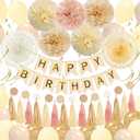 Champagne-Gold Happy Birthday Party Decorations for Women Girls with Happy Birthday Banner,Tassel,Tissue Paper Pompoms, Paper Flower Fan,Hanging Swirl,Circle Garland,Balloons for Party Decor