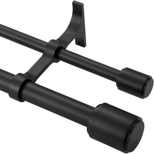 Double Curtain Rods for Windows 36-72", Matte Black Double Curtain Rods with Cap Finials, Adjustable 1 Inch Front and 5/8 Inch Back Double Drapery Rod, Telescoping Dual Curtain Rod Black Double Rods