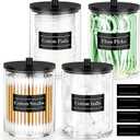 4 Pack 10 oz Acrylic Qtip Holder with Labels Dispenser- Bathroom Small Clear Plastic Canister Apothecary Jar Set Essentials Accessories Decor, Vanity Storage Organizer