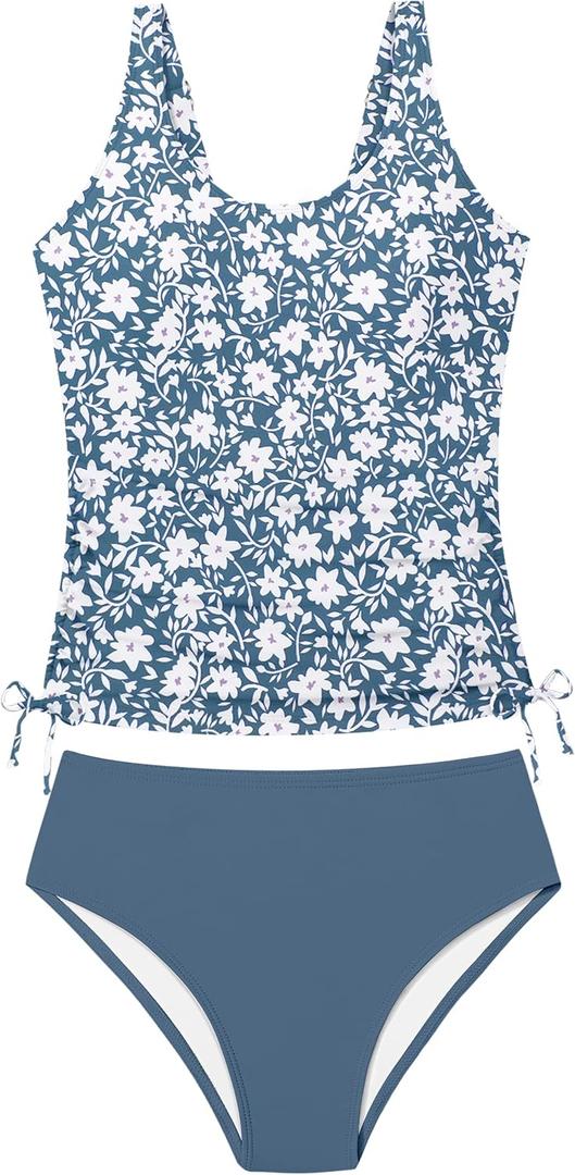 Qaoerde Girls Swimsuit Two Piece Girls Tankini Swimsuit Drawstring Printed Bathing Suit Ruched Swimwear Set (13-14 Years, Dark Blue Floral)