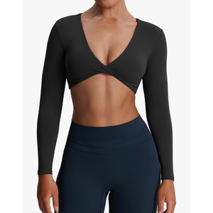 Aoxjox Long Sleeve Crop Tops for Women Sienna Twist Deep V Workout Cropped T Shirt Top Size XS