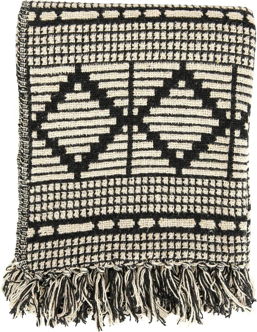 Bloomingville Soft Reclaimed Cotton Blend Throw with Diamond Pattern and Fringe, Black and Beige