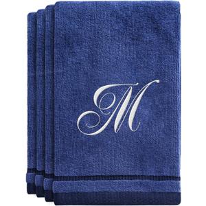 Personalized Initial Fingertip Towels 4 Pack 11x18 - White Embroidery on Navy Blue Towel, Modern Monogrammed Towels, Great Personalized Initial Gift for Women, Teachers, Friends, Bridesmaids Initial M