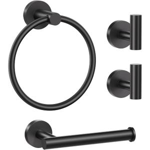 Lairuier Bathroom Hardware Set, 4-Piece Towel Bar Set Include Toilet Paper Holder,Towel Ring and 2 Towel Hooks Stainless Steel Wall Mounted Bathroom Hardware Accessories Set (Matte Black)