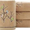 Pidada Hand Towels Set of 4 Embroidered Bird Tree Pattern 100% Cotton Absorbent Soft Decorative Towel for Bathroom (Brown) (13.8 x 29.5)