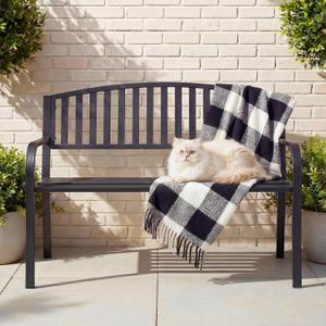 50" Outdoor Garden Bench, Iron Metal Frame Patio Bench with Backrest and Armrests, Weatherproof Anti-Rust Outdoor Bench for Front Porch, Park, Yard, Patio (402-32BK)