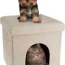 Pet House Ottoman - Collapsible Multipurpose Small Dog or Cat Bed Cube and Footrest with Cushion Top and Interior Pillow by PETMAKER (Microsuede Tan)