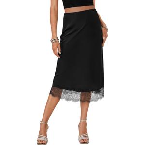 Vrtige Women's Satin Midi Skirt Elegant Silky Lace Trim High Waist Zipper Midi Skirt Black X-Large