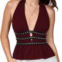 MakeMeChic Women's Halter Going Out Tops Y2k Punk Ruffle Hem Sleeveless Tank Party Clubwear (Red, XS)