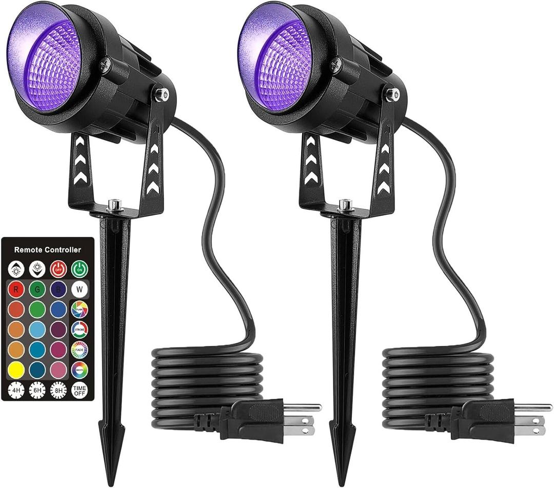 Color Changing Spotlight with Timer, 12W RGB Color Changing Spot Lights, LED IP65 Landscape Waterproof Outdoor Lights, Metal Case Spiked Stand for Garden Houses Trees Decorative(2 Pack)