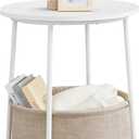 VASAGLE Small Round Side End Table, Modern Nightstand with Fabric Basket, Matte White and Camel Brown ULET223W10