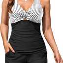 Women Tankini Swimsuit with Shorts - Two Piece Tummy Control Bathing Suit Twist Knot Swimwear 2025 with Pockets (Medium, Striped Black)