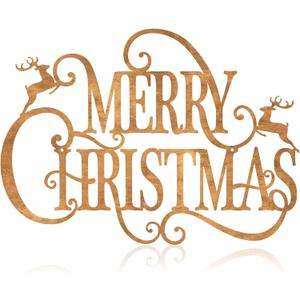 Boao 15 x 10.8 Inches Large Metal Christmas Hanging Sign Merry Christmas Word Sign Rustic Metal Letters Wall Decor for Indoor Outdoor Yard Party Ornaments (Antique Brass)