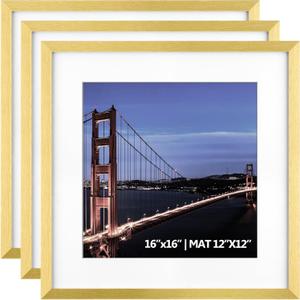 Yaetm 16x16 Gold Picture Frame Matted to 12x12, Set of 3, Thin Square Frame for Gallery Wall Display, Hanging Hardware Included (3 Pack, Gold)