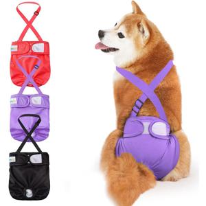 Idepet Female Dog Diapers with Suspender 3 Pack Washable Reusable Doggie Diapers for Small Medium Female Dog in Heat Period Cycle Urinary Incontinence Training, Black+Red+Purple S