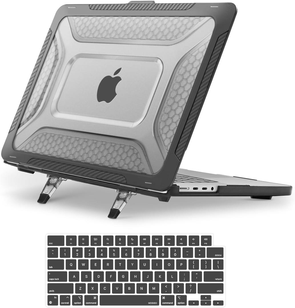 MOSISO Compatible with MacBook Pro 16 inch Case 2025-2021 M4 M3 M2 M1 A3403 A3186 A2991 A2780 A2485, Honeycomb Shockproof TPU Bumper Hard Shell Case with Fold Kickstand & Keyboard Skin, Black