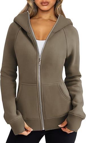 Trendy Queen Womens Zip Up Hoodies Fleece Jackets Oversized Sweatshirts Fall Fashion Outfits Sweaters Winter Clothes Coffee M