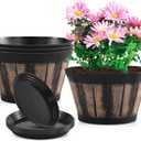 Quarut 8 inch Brown Plastic Whiskey Barrel Plant Pots Set of 4 with Drainage Holes and Saucer for Indoor and Outdoor Garden Home Plants