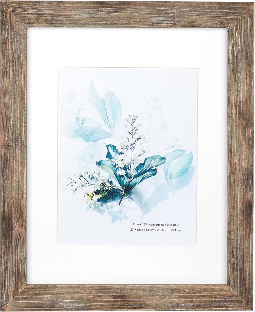 KAIWIN 100% Solid Wood Brown 11x14 Picture Frame 1 Pack Display Picture 8x10 with Mat, Rustic Wooden Photo Frames for Wall Mounting