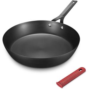Carbon Steel Pan, 12 Inch Nonstick Frying Pan Skillet, Pre-Seasoned Carbon Steel Cookware with Removable Silicone Handle Holder, Indoor/Outdoor, Induction & Oven Safe