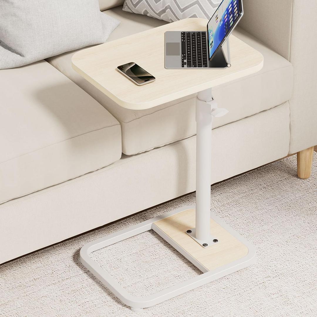 GOYLSER C Shaped End Table for Couch, Height Adjustable Rotatable Couch Tray Tables Sofa Table Tv Trays for Bedroom, Natural Wooden Swivel Side Table for Small Spaces