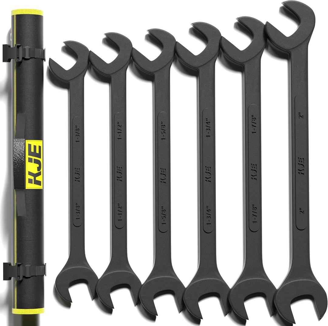 KJE 6PCS SAE 1 3/8" to 2" Black-Oxide Jumbo Angle Wrench Set, Large Big Wrench Set, 15° & 60° Angled Heads, High Carbon Steel & Storage Bag for Heavy-Duty Mechanics & Automotive, & Truck