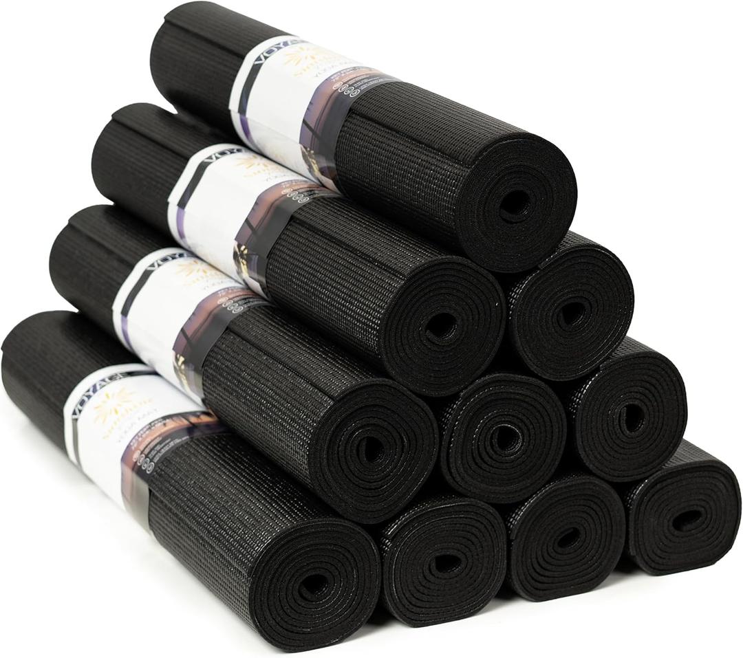 Sunshine Yoga Voyage Yoga Mat, 10 Pack, 72" x 24" Professional Studio and Gym Bulk Yoga Mats, 5mm Thick, Durable, Anti-Tear, Non Slip Fitness and Exercise Mats (Black)
