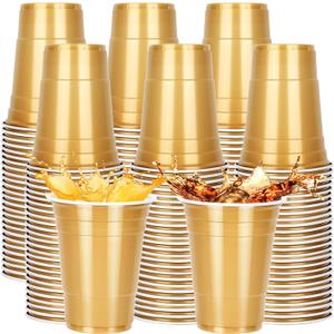 100 Pack Gold Graduation Party Cups, 16oz Disposable Plastic Cups Bulk, Heavy Duty Cold Drink Cups for Celebration, Beer, Cocktail, Soda, Juice, Picnic