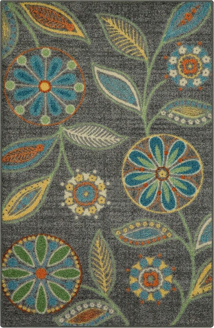 Maples Rugs Reggie Floral Kitchen Rugs Non Skid Accent Area Carpet [Made in USA], Multi, 2'6 x 3'10 (Dark Grey)