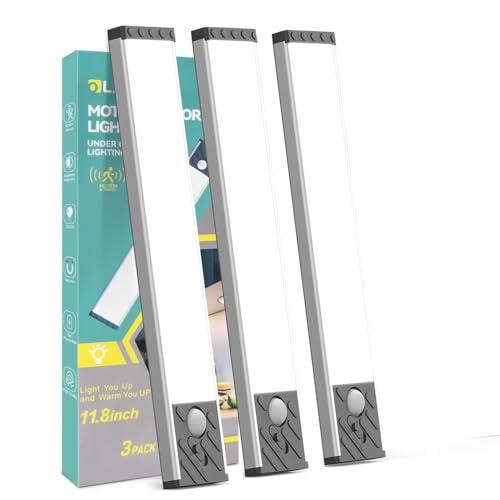 Under Cabinet Lighting, Equipped with Motion Sensor, 11.8" Rechargeable Battery Operated，3-Level Adjustable Brightness, 3 Pack Magnetic Under Counter Lights for Kitchen, Closet, Pantry