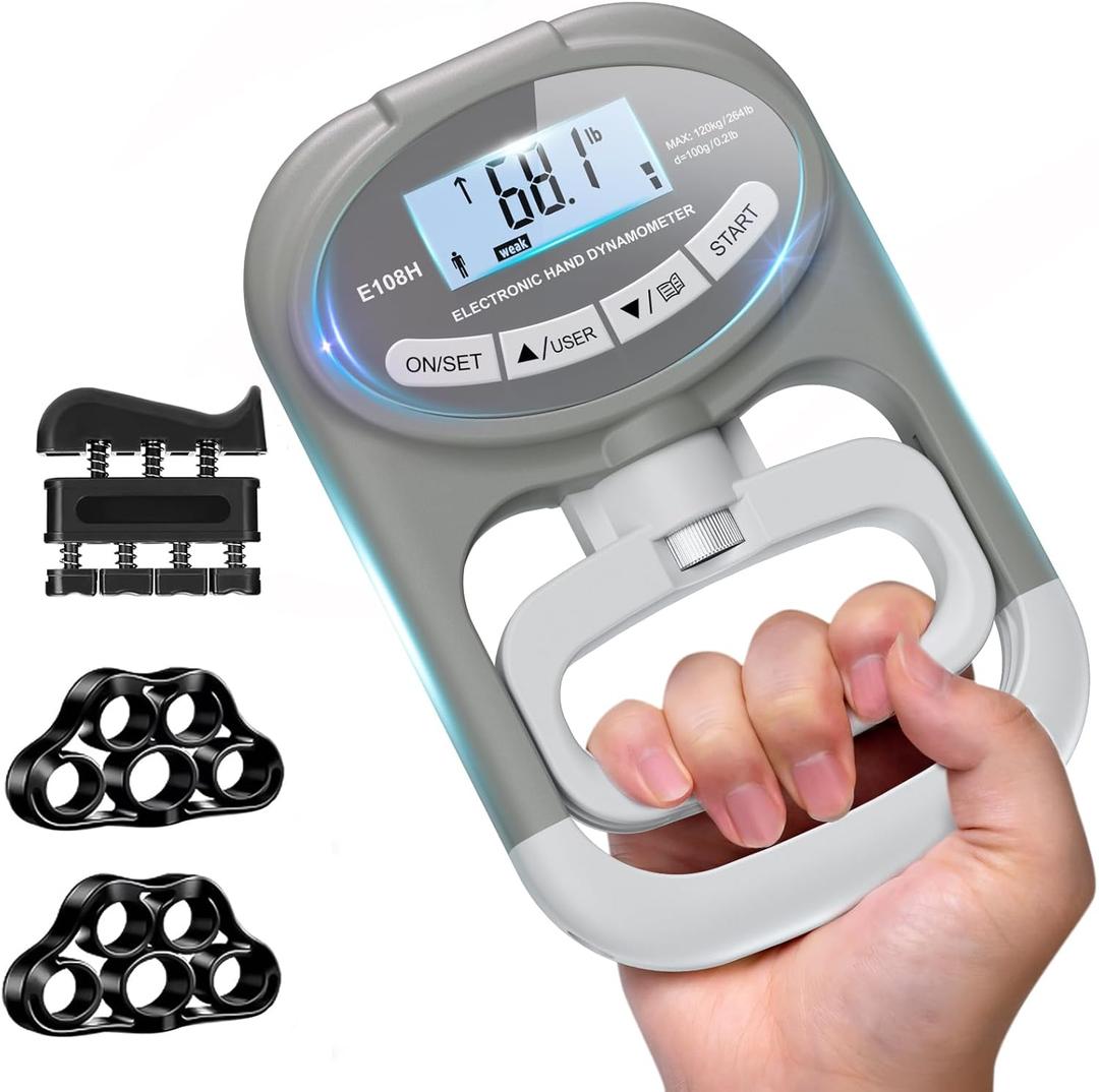 Grip Strength Tester Hand Dynamometer - Grip Strength Trainer Electronic Hand Gripper Strengthener Wrist Exerciser Meter Digital Training Gauge 265 Lbs / 120 Kgs for Sport School Home Use (Gray)