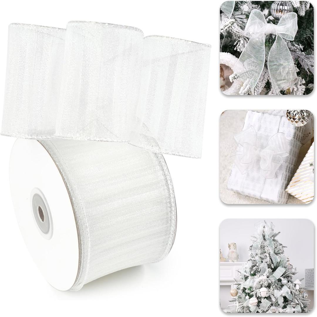 White Ribbon Wired 2.5" X 10 Yards White Crinkle Metallic Christmas Ribbon for Tree Decoration Gift Wrapping Wreaths Bows Home Decor Garland Swags