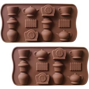 2 Pack Tea Time Silicone Molds Afternoon Tea Teapot Coffee Cups Biscuit Silicone Chocolate Candy Mold Ice Cube Trays (Random Color)