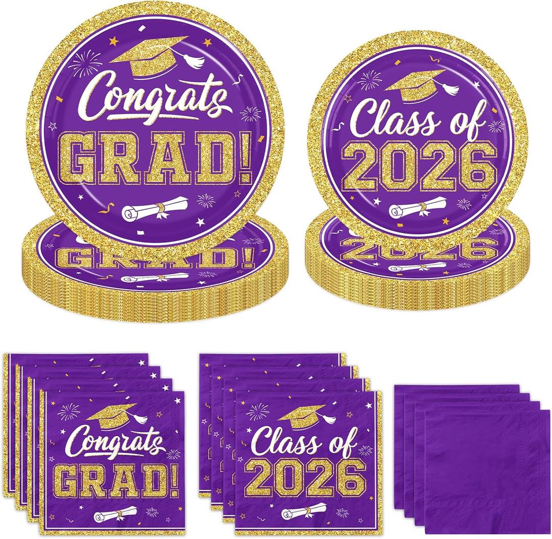 Graduation Plates and Napkins 2026,200pcs Purple and Gold Graduation Decorations 2026 Disposable Congrats Grad Paper Plates for Class of 2026 Graduation Purple and Gold Party Supplies ,Serve 50
