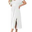 SCOMCHIC Women Plus Size Dresses Short Sleeve Sweetheart Neckline Wedding Guest Cocktail Smocked A Line Slit Maxi Dress White, 24W