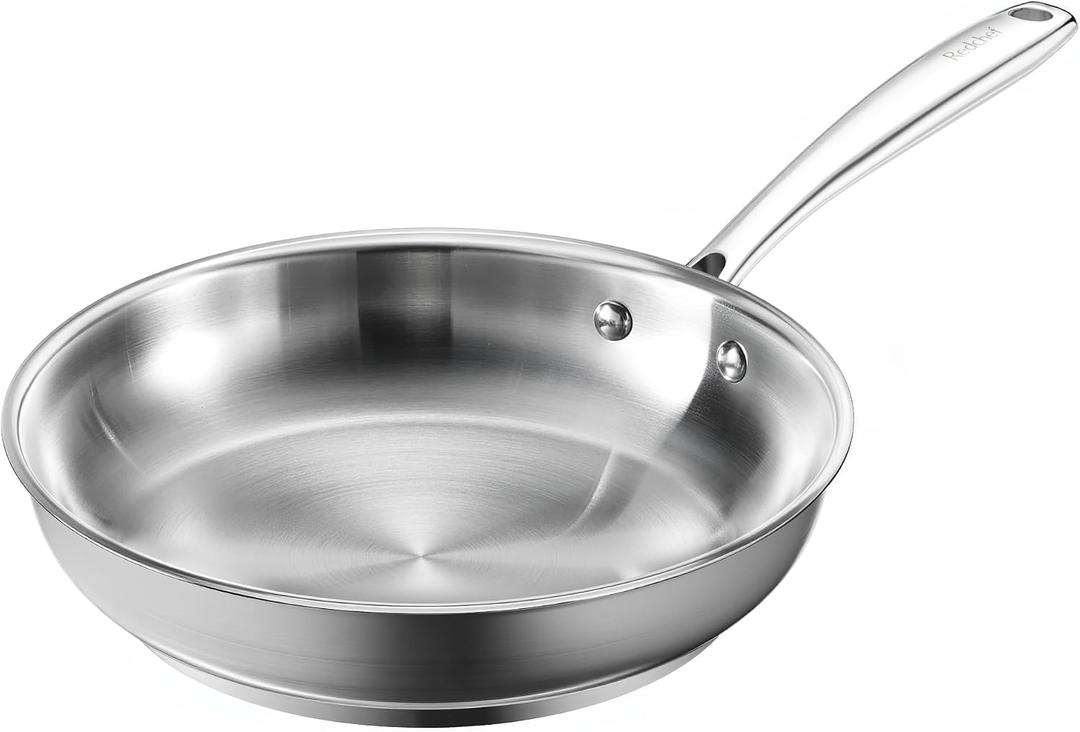 Redchef Stainless Steel Skillet, Stainless Steel Frying Pan, Professional Uncoated Frying Pan, Healthy Induction Cookware for Searing & Sautéing, Warp-Resistant Bonded Bottom, Oven Safe Pan, 9.5 Inch