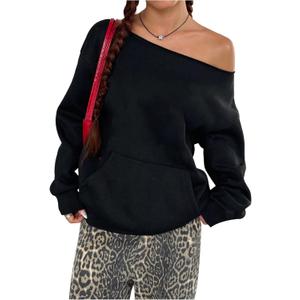Women's Oversized Off Shoulder Sweatshirts Long Sleeve Basic Thermal Pullover Tops with Pocket (Black)