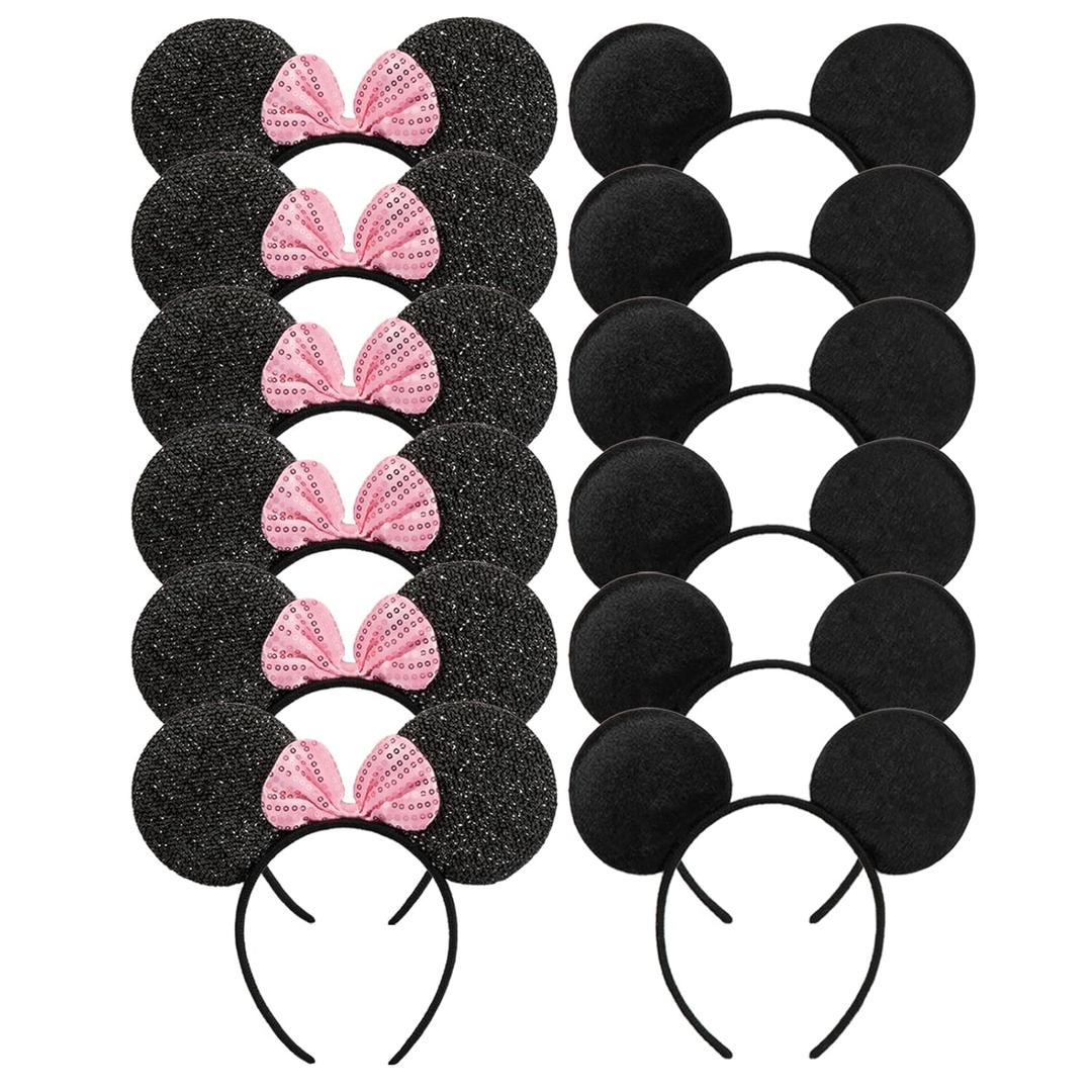 CHuangQi Mouse Ears Solid Black and Pink Sequins Bow, Set of 12