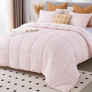 KASENTEX Queen Size Pink Comforter Set 3 Piece,Seersucker Breathable Fabric,Lightweight Fluffy Down Alternative,Box Stitch Quilting, All Season Machine Washable with 2 Pillow Shams