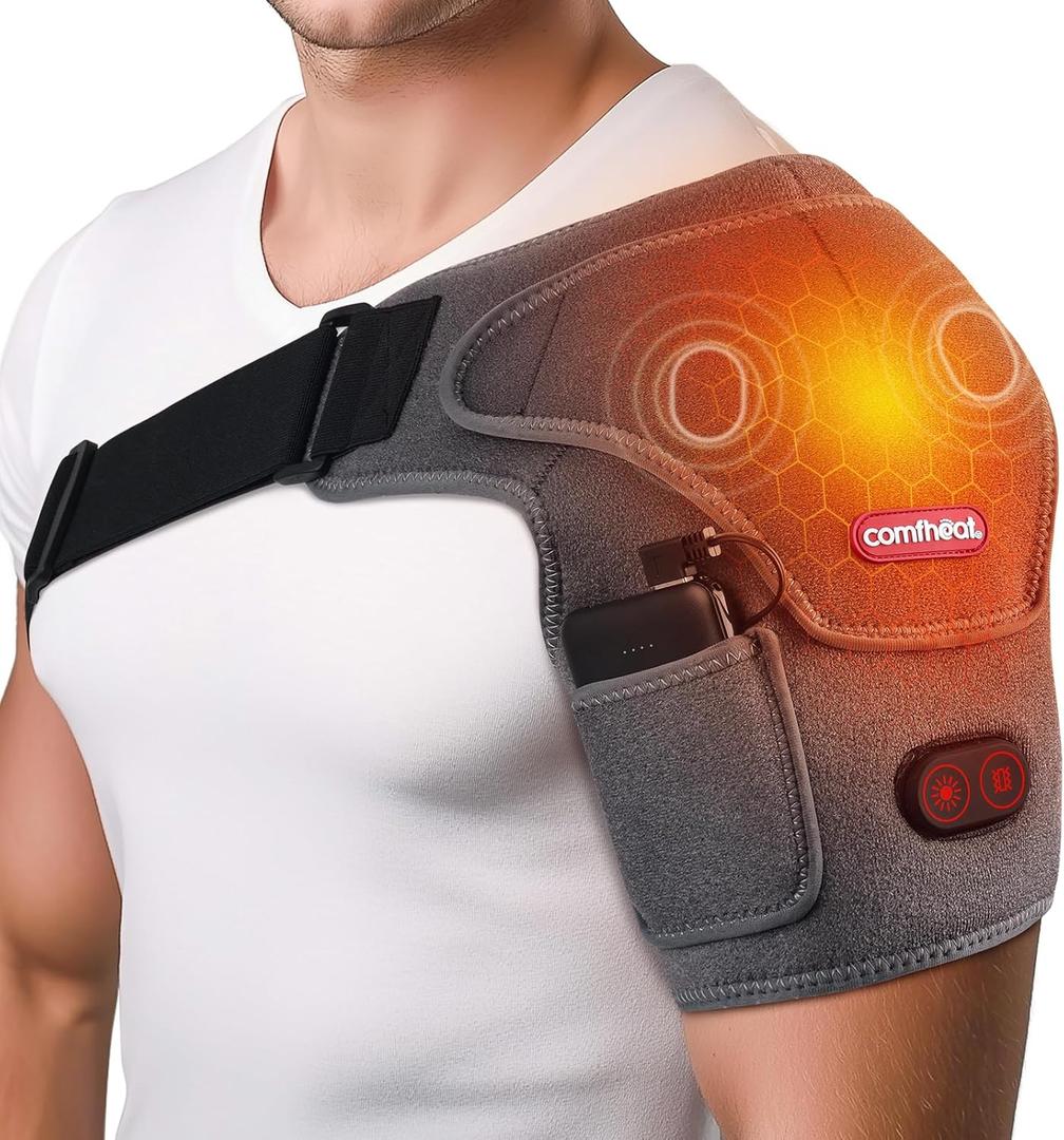 Cordless Shoulder Heating Pad with Vibration Massage for Frozen Shoulder Rotator Cuff Pain Relief, 5000mAh Battery Powered Heated Shoulder Brace Wrap, 1-3H Hot Compress for Men & Women
