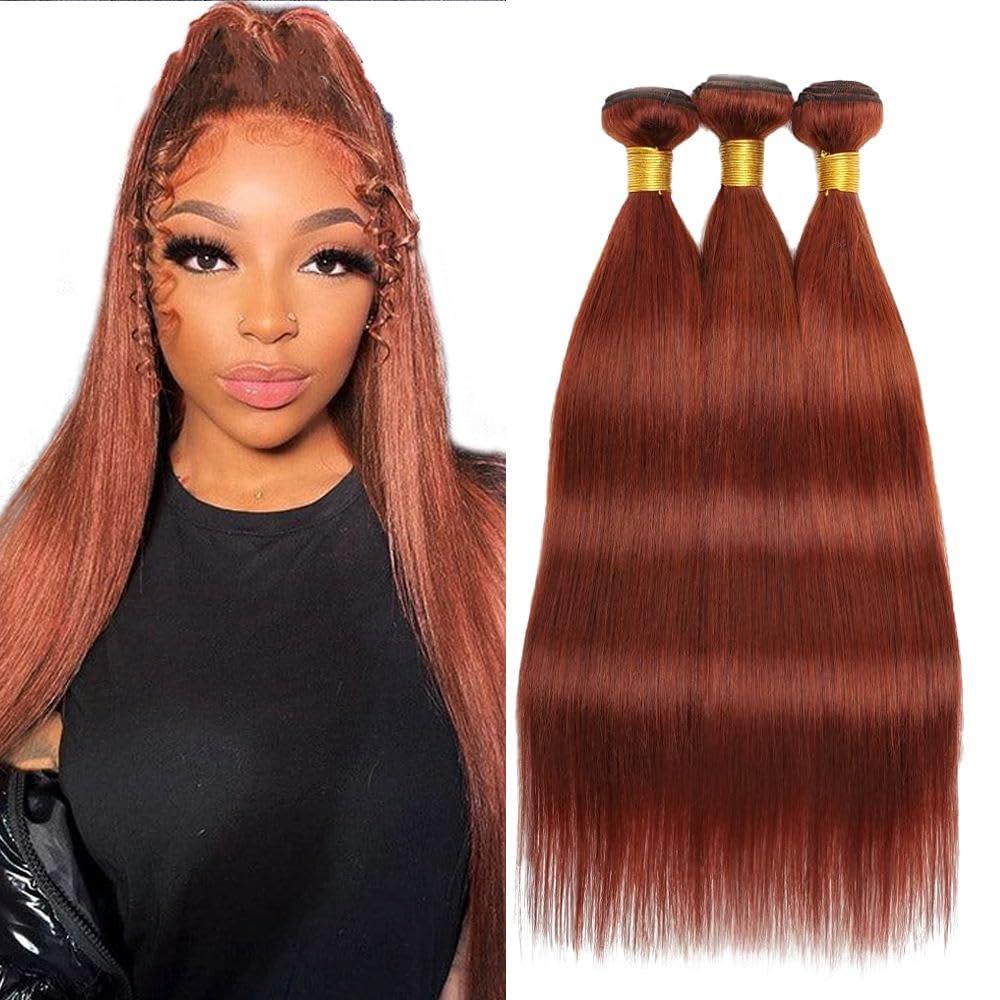 #33 Reddish Bundles Auburn Brown Straight Bundles Human Hair 24 26 28 Inch Brazilian Virgin Remy Hair Copper Red 3 Bundle Human Hair Extensions 50 Gram Per Bundle