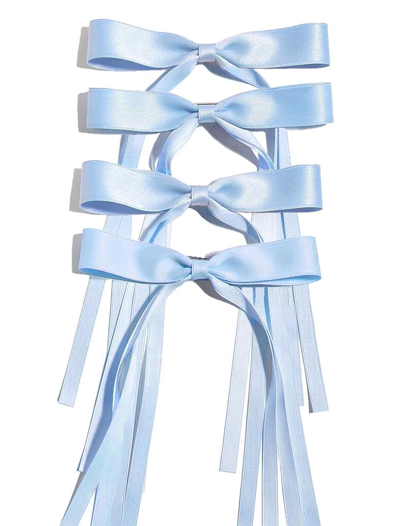 Ayesha Blue Hair Bows Clips Ribbon Bows with Long Tail Blue Bows Barrettes Hair Accessories for Women Girls 4PCS