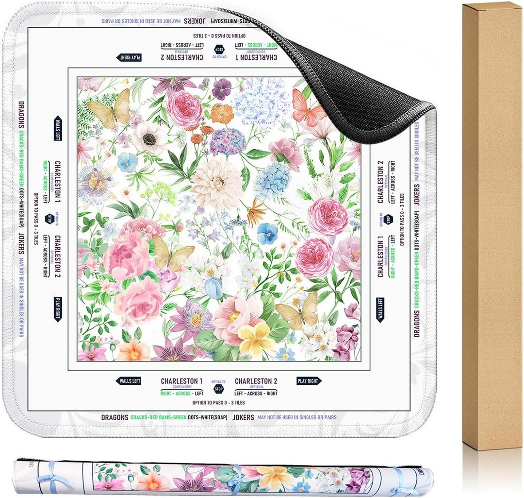 22 x 22 Inches Mini Mahjong Mat with Floral Design Wrinkle-Free Packaging, Non-Slip Noise Reduction, Gaming Mat for Poker, Card, Dominoes, Board & Tile Games Mahjong Gift