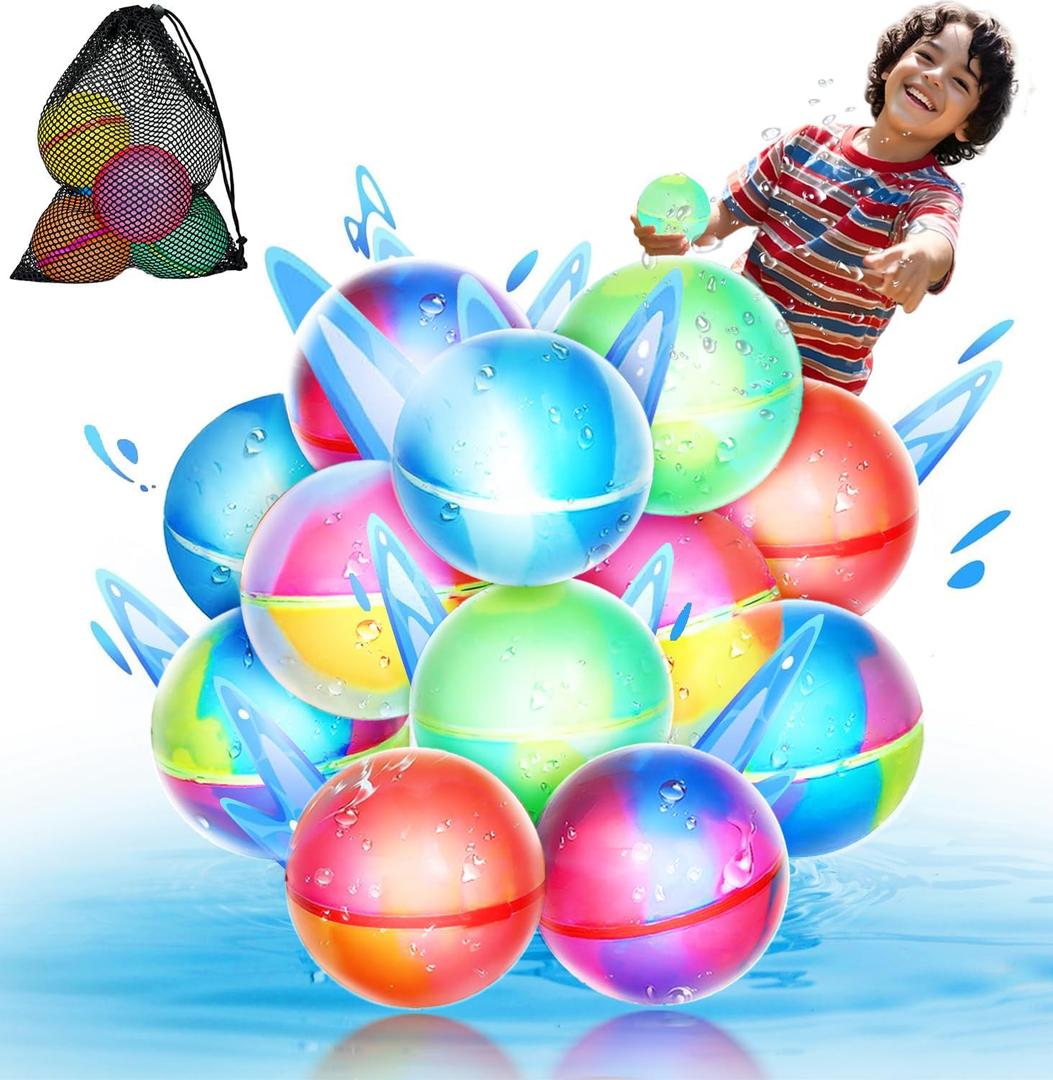 12 PackMagnetic Reusable Water Balloons, Fast Self-Sealing for Kids Adults Latex-Free Silicone Quick Easy Auto Fill Bomb Ball, Refillable Pool Beach Outdoor Activities Games Toy Summer Fun Splash