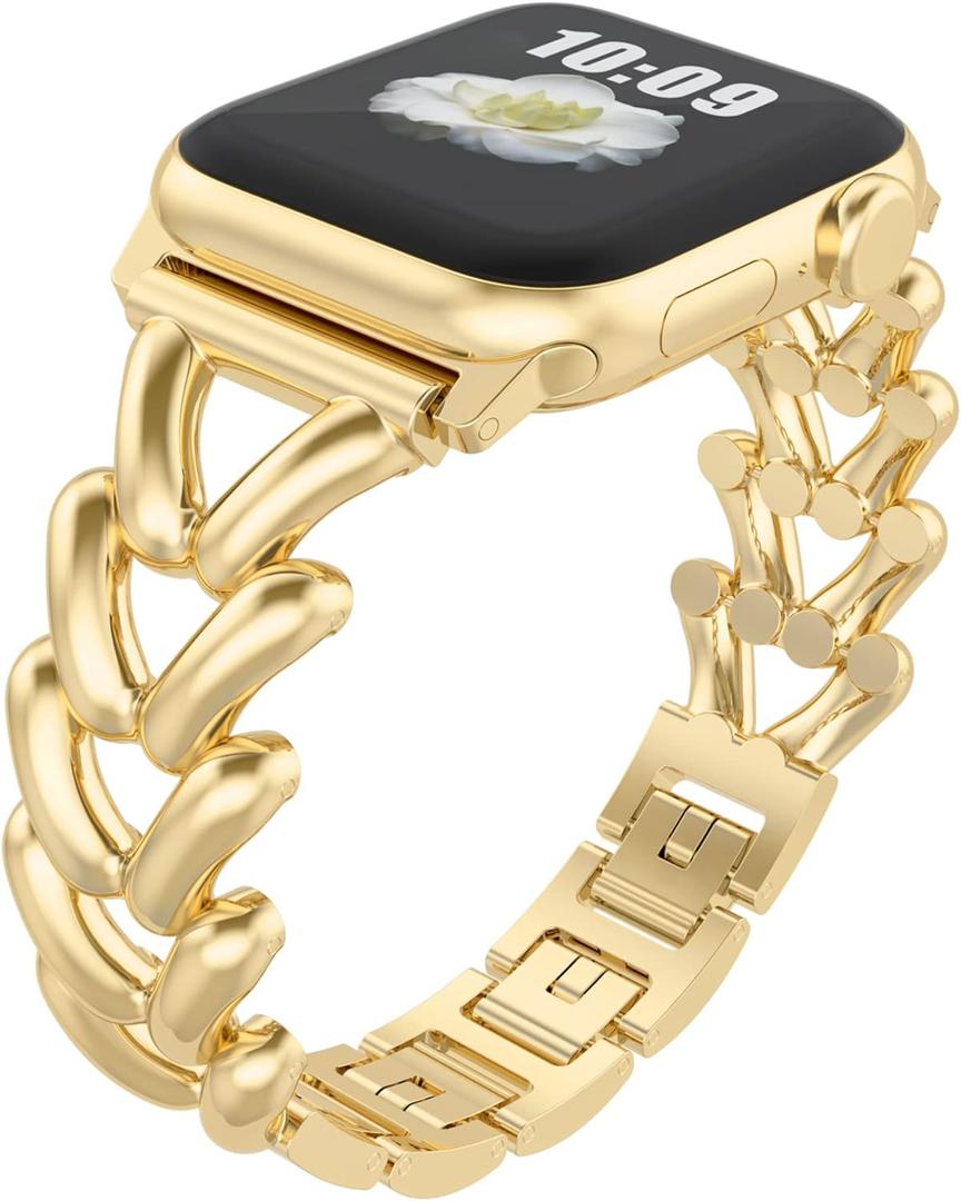 Yncamoo Slim Band Compatible with Apple Watch 38mm 40mm 41mm SE Series 9 8 7 6 5 4 3 2 1, Women Adjustable Replacement Bracelet, Jewelry Metal Strap [38/ 40/ 41mm-AGold]