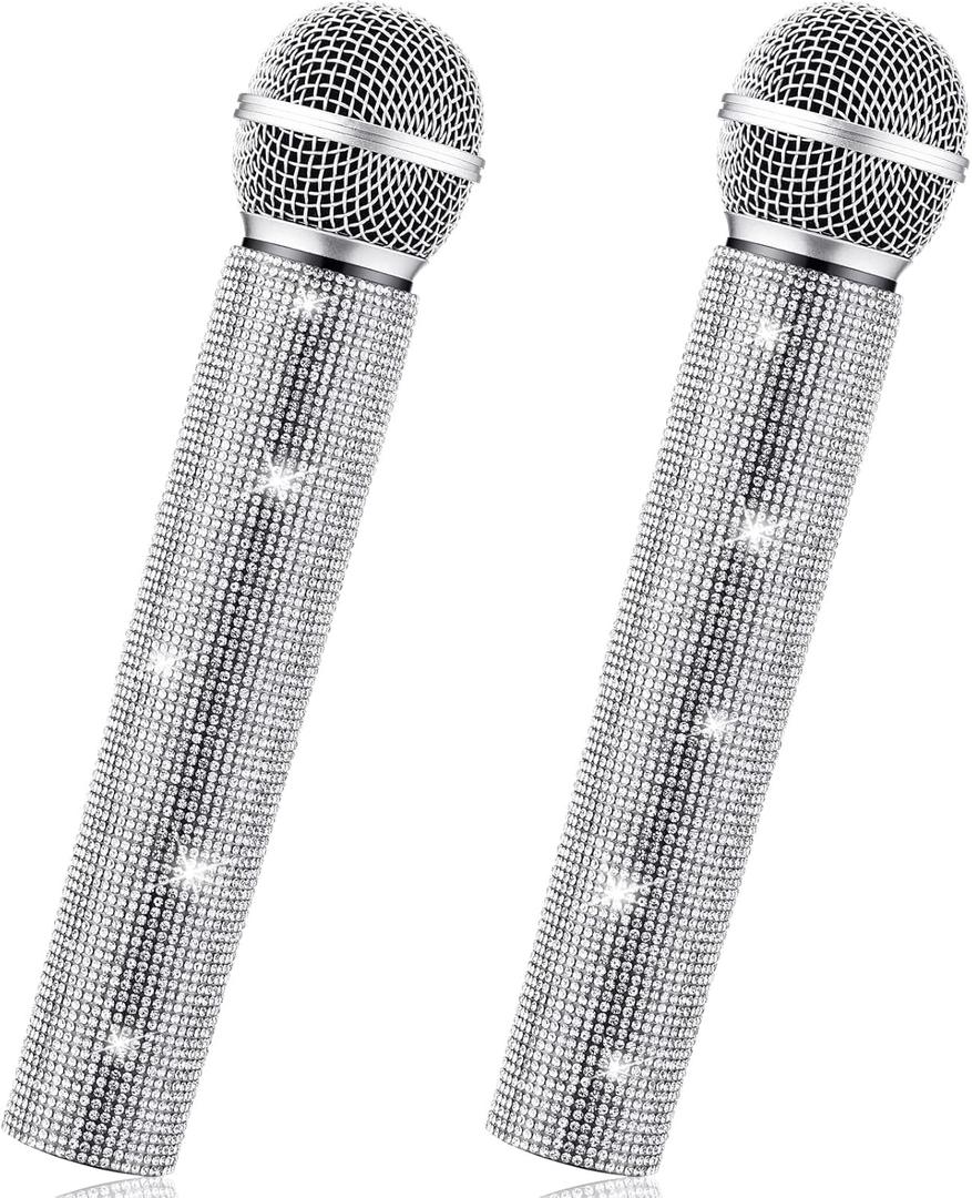 Threan 2 Pcs Fake Microphone Prop Sparkly Glitter Rhinestone Bedazzled Pretend Plastic Play Microphone Toy Mic for Cosplay Party Costume(Silver)