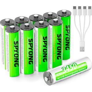 10 Pack Rechargable AA Lithium Batteries with Fast Charger Cable, 3450mWh aa Batteries Lithium 1.5V Constant Output Lithium ion Output Li-ion Double a Batteries Cycle Times up to 1500x
