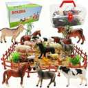 BOLZRA Farm Animal Figurines, Realistic Plastic Animals Toys with Fences Building Blocks, Farm Figures Playset Educational Christmas Birthday Gift for Kids & Toddlers, 53 PCS
